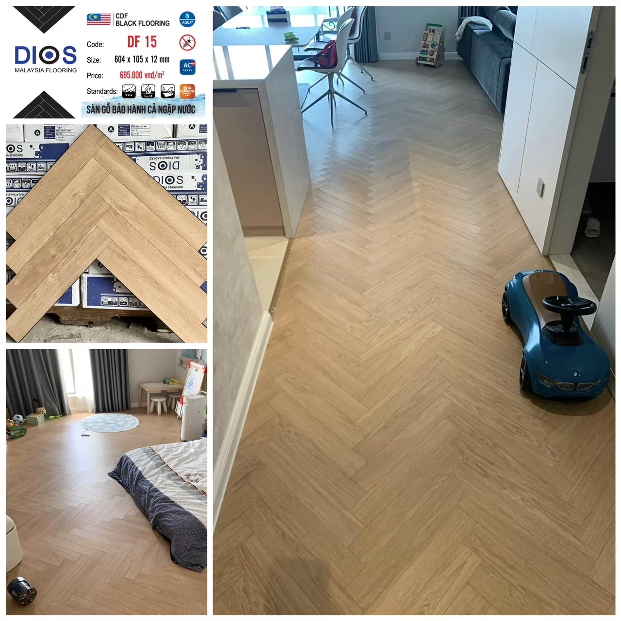 Sàn gỗ xương cá cốt đen DIOS 15 – Màu vàng sáng tươi mới